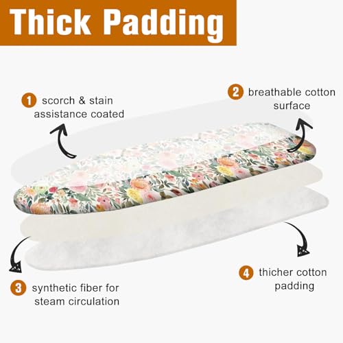 Rustic Pink Yellow Green Colorful Flowers 15"x54" Ironing Board Cover with Padding Cotton Scorch and Stain Resistant Padding Standard Size Heavy Duty Thick Padding Heat Reflective - color: Pink/Green