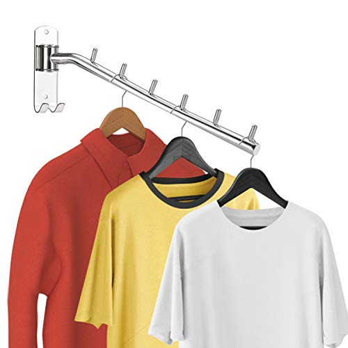Bosszi 2-Pack Wall Mounted Folding Clothes Hanger Rack, Stainless Steel Clothes Hooks with Swing Arm Holder Space Saving Clothing Hanging System Closet Storage Organizer Heavy Duty Drying Rack - color: Silver