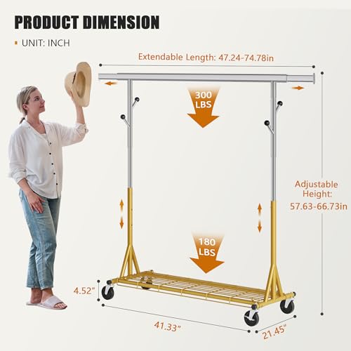 Gewudraw Clothes Rack Heavy Duty 530 LBS Capacity, Portable, Foldable, Gold - color: Gold, style: Single Rod
