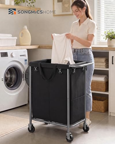 SONGMICS HOME Rolling Laundry Basket with 2 Compartments, 37-Gallon Laundry Hamper with Wheels, Removable Liner, Black - color: Black, style: 140 L (2-Section)