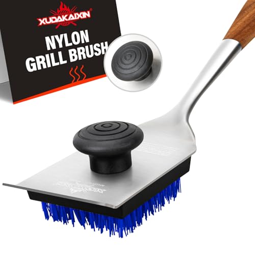 XUDAKAIXIN Grill Brush and Scraper, Dual Grip Design,Extra Strong BBQ Cleaner Accessories,Safe Nylon Bristles Barbecue Triple Scrubbers Cleaning Brush for Cast Iron Grates/Porcelain/Charcoal Grill - color: Blue