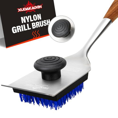 XUDAKAIXIN Grill Brush and Scraper, Dual Grip Design,Extra Strong BBQ Cleaner Accessories,Safe Nylon Bristles Barbecue Triple Scrubbers Cleaning Brush for Cast Iron Grates/Porcelain/Charcoal Grill - color: Blue