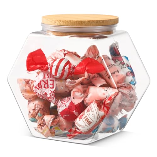 Pickmesh 70 oz Hexagonal Plastic Candy Jar with Airtight Bamboo Lid Hexagon Cookie Jars Clear Containers for Kitchen Storage Snacks, Dog Food, Coffee Pod, Laundry Pod(Top Mouth Hexagon, 1 Pc)