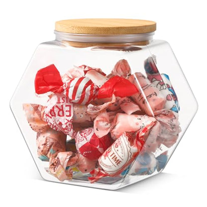 Pickmesh 70 oz Hexagonal Plastic Candy Jar with Airtight Bamboo Lid Hexagon Cookie Jars Clear Containers for Kitchen Storage Snacks, Dog Food, Coffee Pod, Laundry Pod(Top Mouth Hexagon, 1 Pc)