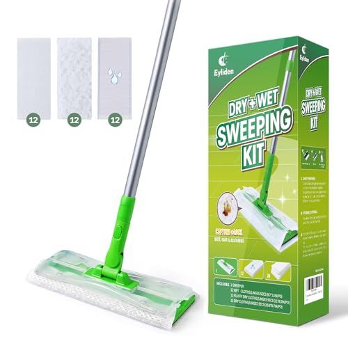 Eyliden Sweeper Mop with 36 Refills - 3 Types of Disposable Dry & Wet Cloths | Lock-Tight Design No Lost Pads, Universal Refills, Multi-Surface Sweeping Starter Kit for Pet Hair, Dust, Floor Cleaning