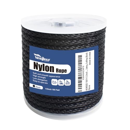 NEWSEED 100 Ft 1/2 Inch Nylon Rope Heavy Duty Utility Rope (Black) - size: 1/2 In x 100FT, style: Black