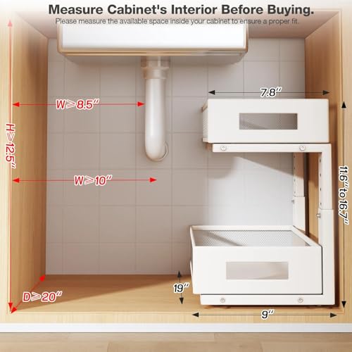 2 Packs 19IN Depth Under Sink Organizer, 2-Tier Pull Out Cabinet Organizer With Smooth Circular Rail, Large Capacity Metal Mesh Sliding Drawers For Bathroom& Kitchen Storage,Height Adjustable –White - color: White, size: 2 Pack-19"Dx11.6"-16.7" H