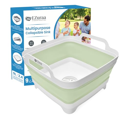 EZuraa 2.4gal(9L) Green Collapsible Dish Basin, Portable Sink or Dish Pan for Kitchen Sink with Drain Plug/Strainer, Space Saving Baby Bottle Wash Basin Collapsible Bucket, Beverage Tub for Camping - color: Green