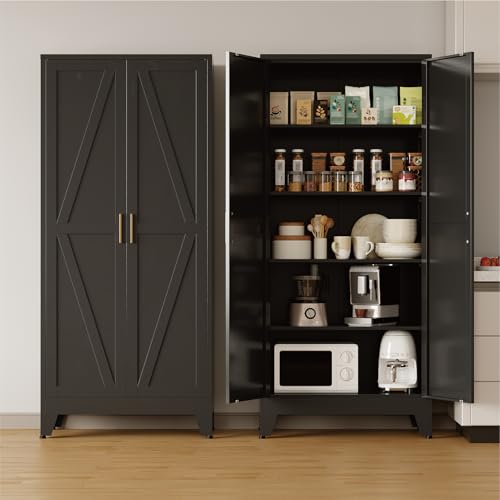 COFaR Metal Pantry Cabinet with Doors, Farmhouse 71'' Tall Storage Cabinet with 4 Adjustable Shelves, Kitchen Pantry Cabinet for Dinning Room, Garage, Laundry, Bathroom, Black 5-Tier - color: Black, size: 71'' 2 Doors 0 Drawer-Barn Door