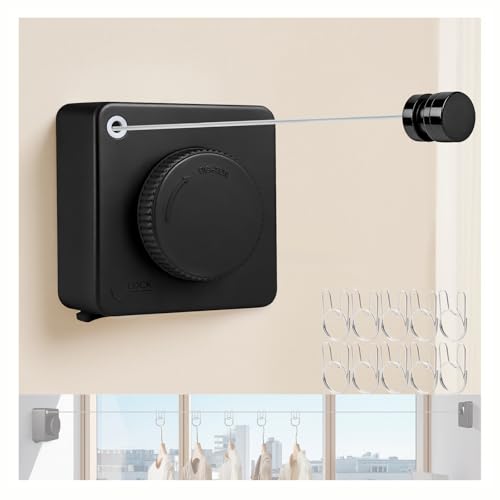 15.7Ft Retractable Clothesline Indoor Outdoor is Also an Anti-sag Clothes line for Indoors, Stainless Steel Wire Retractable Laundry Line for Drying Clothes, with 10 Windproof Clips (Black) - color: Black