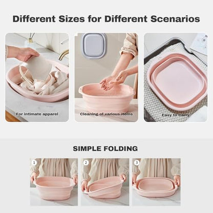 Collapsible Wash Basin Set of 3, Foldable Large Medium Small Wash Basins, Portable Plastic Basins for Laundry, Bottles, Travel, Camping (Pink) - color: Pink