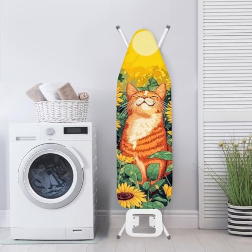 Ironing Board Cover, Cat Sunflower 15x54 Inch Standard Ironing Board Cover with Elastic Edge and Hook and Loop Fasteners Scorch and Stain Resistant - color: Cat Sunflower Design