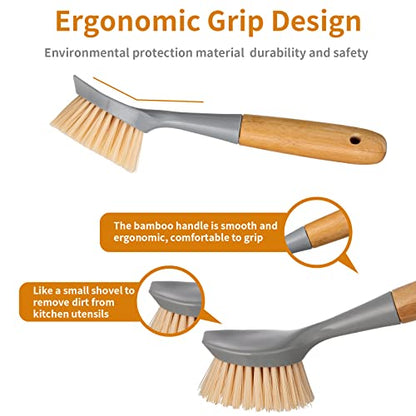 2 Pack Kitchen Dish Brush Bamboo Handle Dish Scrubber Built-in Scraper - style: Gray