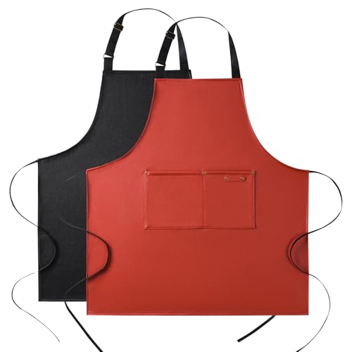 eywlwaar PU Waterproof Apron with 2 Big Pockets Adjustable Oil Proof Apron for Kitchen Dishwashing Cooking 29.92"x 26.77" - color: Black&orange