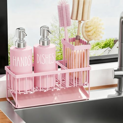 MASADI Pink &Silver Kitchen Dish Soap Dispenser Set with Sponge Holder, 12OZ Glass Bottle, Hand and Dish Soap Dispenser Set, Non-Slip Silicone Pad, Brush Holder, Kitchen Sink Organizer Countertop - color: All Pink