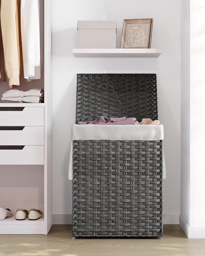 SONGMICS Laundry Hamper with Lid, 23.8 Gal (90 L) Synthetic Rattan,Foldable - color: Dove Gray, size: 90 L