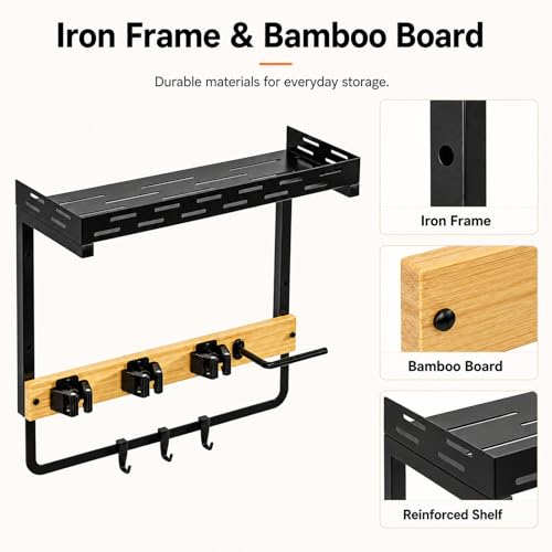 Small Broom Holder Wall Mount with Shelf, 3 Grippers and 3 Hooks - size: Small