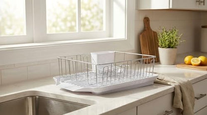 Farberware Classic Large Rust Resistant Full Dishrack with Removable 3 Compartment Flatware Caddy, Andlged Drain Board, 3-Piece, White - color: White