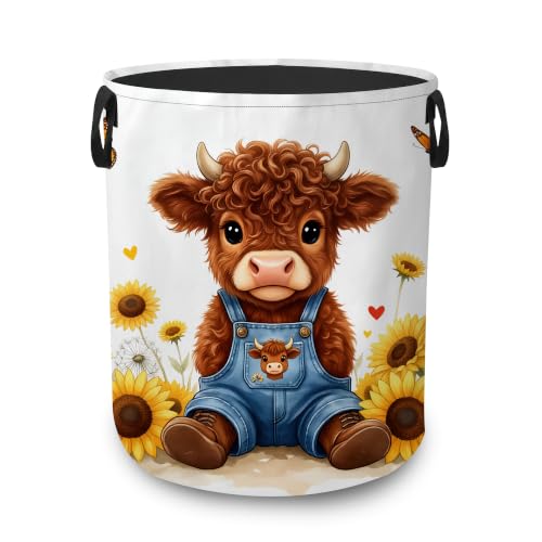 Laundry Hamper,Cute Highland Cow Collapsible Laundry Basket with Handles,Sunflower Farm Waterproof Oxford Cloth Clothes Organizer for Bedroom Bathroom Dorm Nursery,16 x 20 Inch - color: Cute Highland Cow,Sunflower Farm