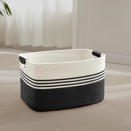 45L Small Woven Laundry Basket Hamper with Leather Handles,Black - color: Black, size: 45L