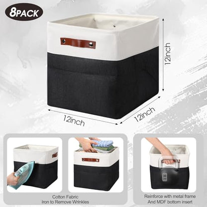 Uiifan 12 x 12 x 12 Inch 8 Pack Fabric Storage Baskets with Handles, Black - color: Black, size: 12 x 12 x 12 Inch