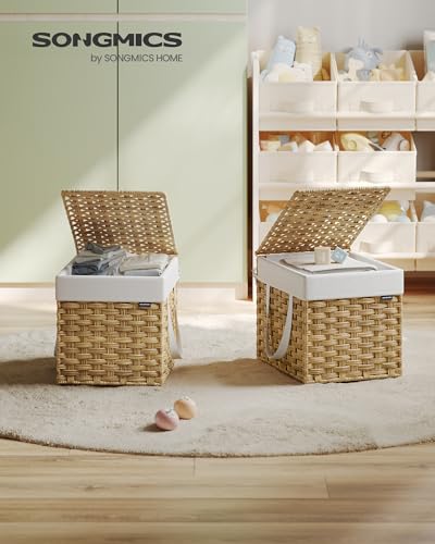 SONGMICS Laundry Hamper with Lid, 9.5 Gal (36 L) Synthetic Rattan,Foldable - color: Goose Yellow, size: 36 L