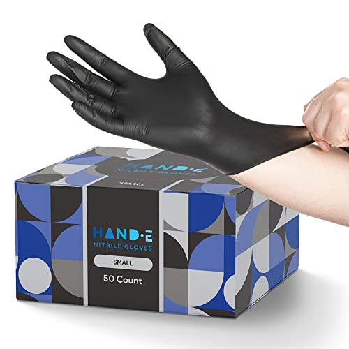 Hand-E Touch Black Nitrile Disposable Gloves Small, 50 Count - BBQ, Tattoo, Hair Dye, Cooking, Mechanic Gloves - Powder and Latex Free - style: Small