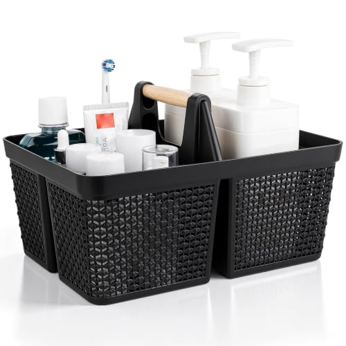 UUJOLY Portable Plastic Shower Caddy Basket with Wooden Handle, Black - color: Black
