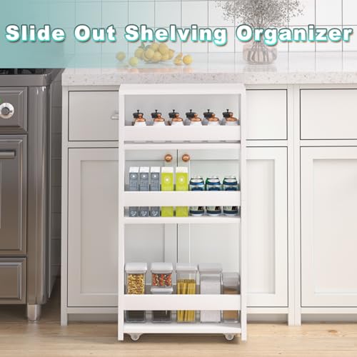 MARTY Slim Rolling Storage Cart, Wood Utility Kitchen Bathroom Laundry Cart - color: All White, size: 5.51"D x 15.75"W x 31.5"H