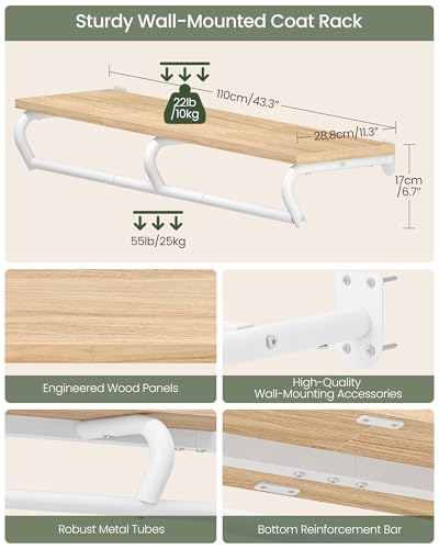 CHOEZON Wall Mounted Clothes Rack, Metal Garment Rack with Top Shelf, Laundry Storage Shelf with Hanging Rod, for Laundry Room, Bedroom, Entryway and Storage Room, Natural and White TYM02NW - color: Natural, White