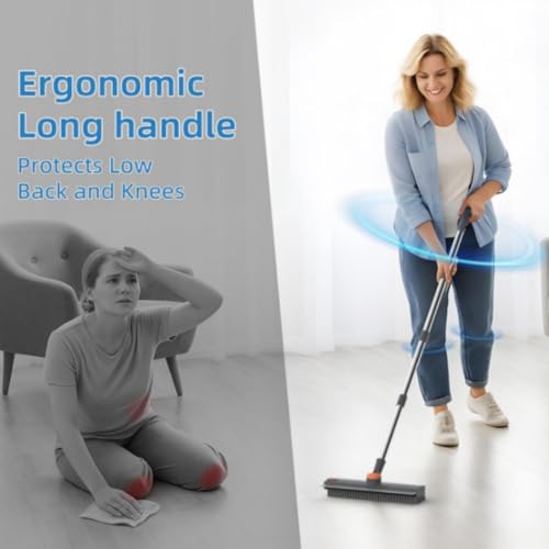 Floor Scrub V Brush with Long Handle, 4 in 1 Multi-Angle Swivel Right Angled Bristle Floor Scrubber Brush with Squeegee and Tweezer for Cleaning Tile Wall Deck Bathroom Patio Garage Kitchen