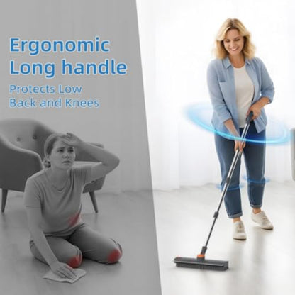 Floor Scrub V Brush with Long Handle, 4 in 1 Multi-Angle Swivel Right Angled Bristle Floor Scrubber Brush with Squeegee and Tweezer for Cleaning Tile Wall Deck Bathroom Patio Garage Kitchen