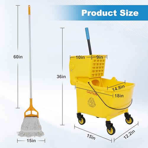 35 Qt Commercial Mop Bucket with Side Press Wringer on Wheels and Mops Set for Floor Cleaning, Industrial Mop and Bucket Set for Home, Restaurant, Shopping Mall,Yellow