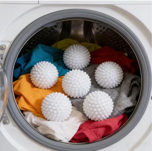 6Pcs Reusable Laundry Balls Hair Removing Fabric Softening Anti Tangle No Electricity for Washing Machines and Dryers Towels, White