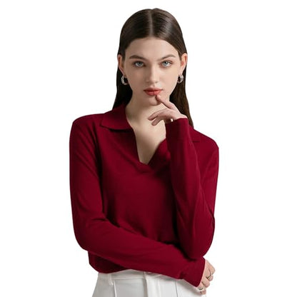 GreenMount Women's Deep V-Polo Casual Loose Cashmere Sweater Pullover Lapel Long Sleeve for Women Keep 37.5° Warm - color: Wine(spring/Summer), size: Large