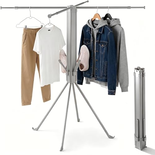 cjc Foldable Clothes Drying Rack, Extra Stable Heavy Duty Laundry Standing Dry Racks with 4 Retractable Drying Rods & 4 Shoe Racks, Space-Saving Collapsible for Indoor Outdoor Grey - color: Grey-4 Rods