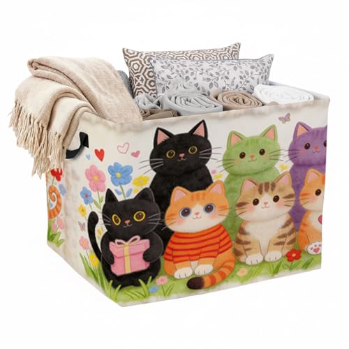 Cute Cat Floral Foldable Laundry Basket Hamper with Handles, 56L Large Capacity Toy Storage Organizer, Collapsible Clothes Hamper for Home Decor and Bedroom Organization. - color: Cute Cat Floral