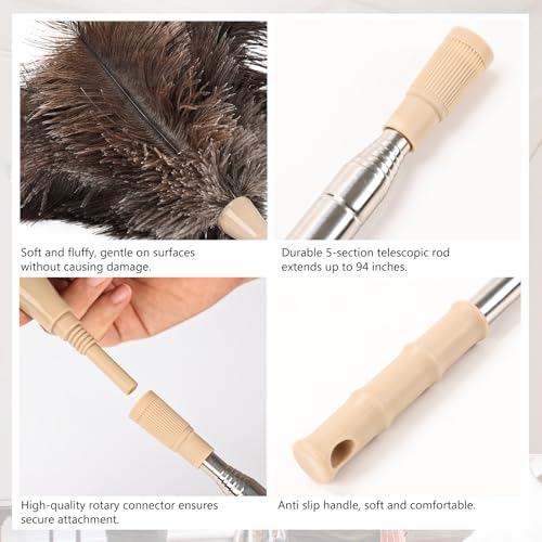 Extendable Ostrich Feather Duster 27-94 Inch, Natural Cleaning Duster Extension Pole Reusable for High Ceilings, Fans, Blinds, Furniture, Interior & Roof Dusting(one Pack) - size: Ostrich Feather