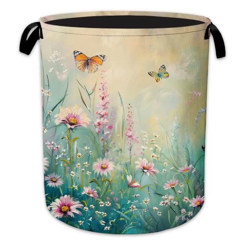 Laundry Hamper, Butterfly Garden Collapsible Wildflowers Laundry Baskets Waterproof Oxford Cloth With Handles, Clothes Storage Bucket For Bathroom/Bedroom 16" x 20.8" - color: Butterfly Garden