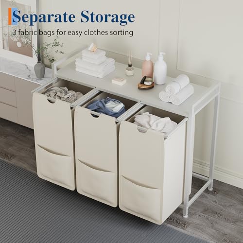 Garvee Laundry Basket Organizer, Laundry Hamper with Shelf & 3 Pull-Out Removable Oxford Fabric Bags, 3 x 12.8 Gal (48.5L), Dirty Clothes Basket Organizer for Laundryroom, Bathroom, Bedroom