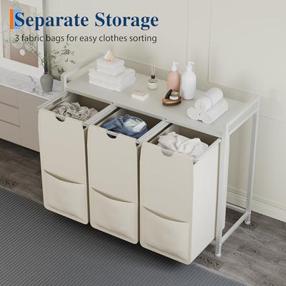 Garvee Laundry Basket Organizer, Laundry Hamper with Shelf & 3 Pull-Out Removable Oxford Fabric Bags, 3 x 12.8 Gal (48.5L), Dirty Clothes Basket Organizer for Laundryroom, Bathroom, Bedroom