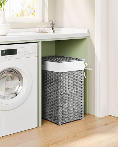 Laundry Basket with Lid, 110 L Large Capacity Hamper, Rattan Laundry Basket with Compartments & Handles, Foldable, Removable Liner, Dove Gray - color: Dove Gray, size: 110 L