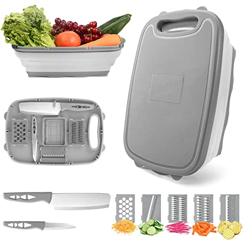 HI NINGER Collapsible Cutting Board with Colander, 9-In-1 Multi Chopping Board Kitchen Vegetable Washing Basket for Camping Gifts Camping Accessories for RV Campers - color: Gray