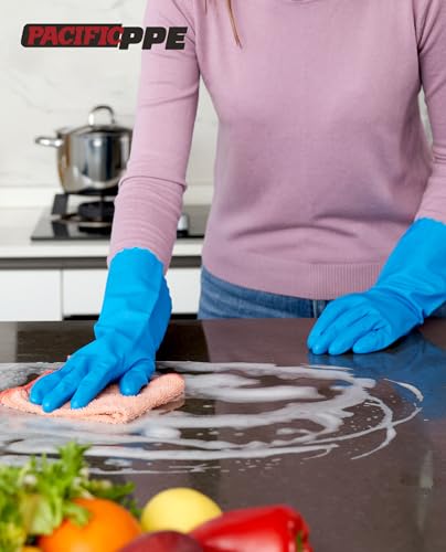 PACIFIC PPE 4 Pairs Dishwashing Gloves, Cotton Flocked Liner, Blue, Large - color: Blue, size: Large (Pack of 4)
