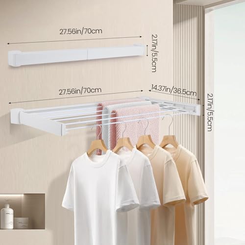 Wall Mounted Clothes Drying Rack 27.56", Foldable Retractable Garment Hanger with Towel Pole, Heavy Duty Space Saving Laundry Drying Rack for Balcony, Laundry Room, Bedroom, Bathroom (With towel pole) - size: With towel pole