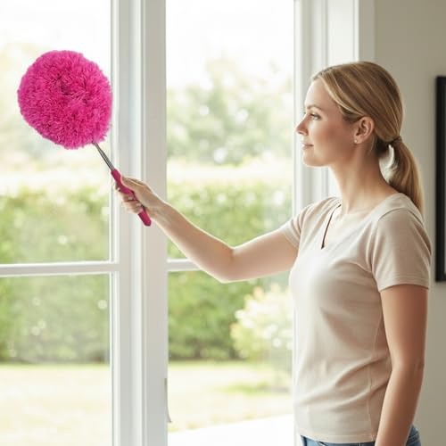 Extendable Feather Duster Telescopic Dust Remover for Home Office Car Furniture High Ceiling Cleaning Multi Purpose Tool(Rose Red,Round Head) - color: Rose Red, size: 12.6 in