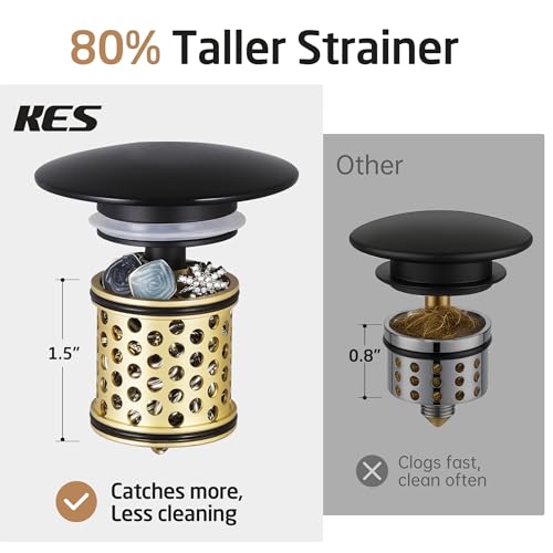 KES Bathroom Sink Drain with Overflow, All Metal Pop Up Drain for Bathroom Sink Stopper with Brass Strainer Basket Hair Catcher Anti Clog Rustproof 18/8 Stainless Steel Matte Black, S2018A-BK - color: Matte Black, style: WITH Overflow