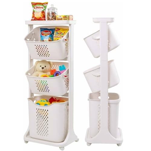 Japard 18 Gal Rolling Laundry Hamper Ultra Slim, Vertical 3 Sorter Cart with Wheels and Breaks, 3-tier Baskets Detachable for Dorm, Closet, Easy Assembly White Gray