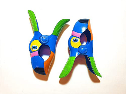 2 Set (4 Ct) Blue Toucan/Blue Parrot Beach Towel Clips Jumbo Size for Beach Chair, Cruise Beach Patio, Pool Accessories for Chairs, Household Clip, Baby Stroller