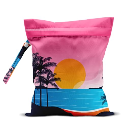Wet Bag, Wet Dry Bag, Waterproof Swim Bags, Machine Washable Reusable Bags for Beach, Pool, Diapers, and Dirty Yoga Gym Clothes(Pink Sunset Beach Pattern - color: Neon Pink Coastal Reflection